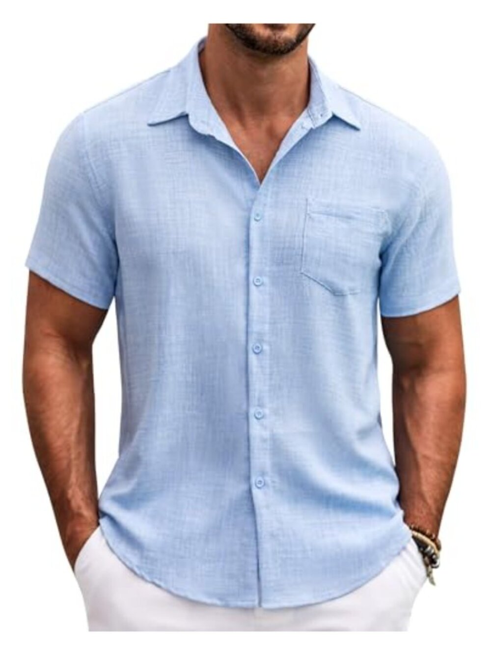 Mens Button Down Short Sleeve Casual Summer Beach Textured Shirt with Pocket